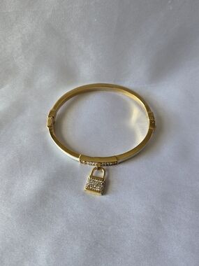 Michael Kors Gold-Tone Crystal Padlock with White Enamel Bangle Bracelet EUC